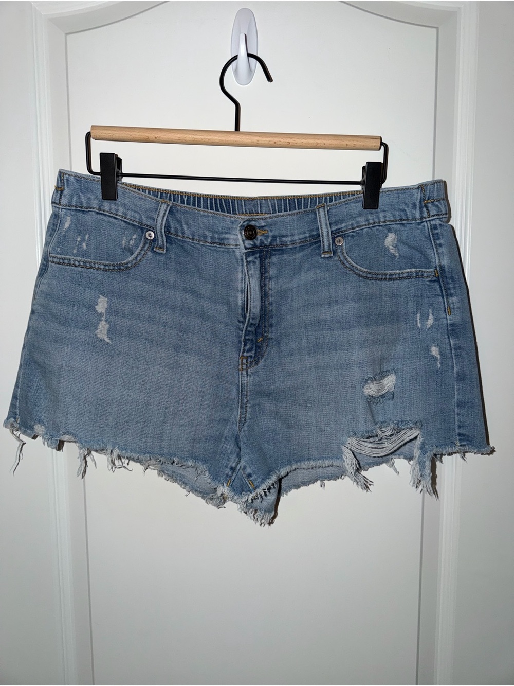 Aerie Womens Large Distressed Denim Cutoff Shorts High Rise Raw Hem Blue